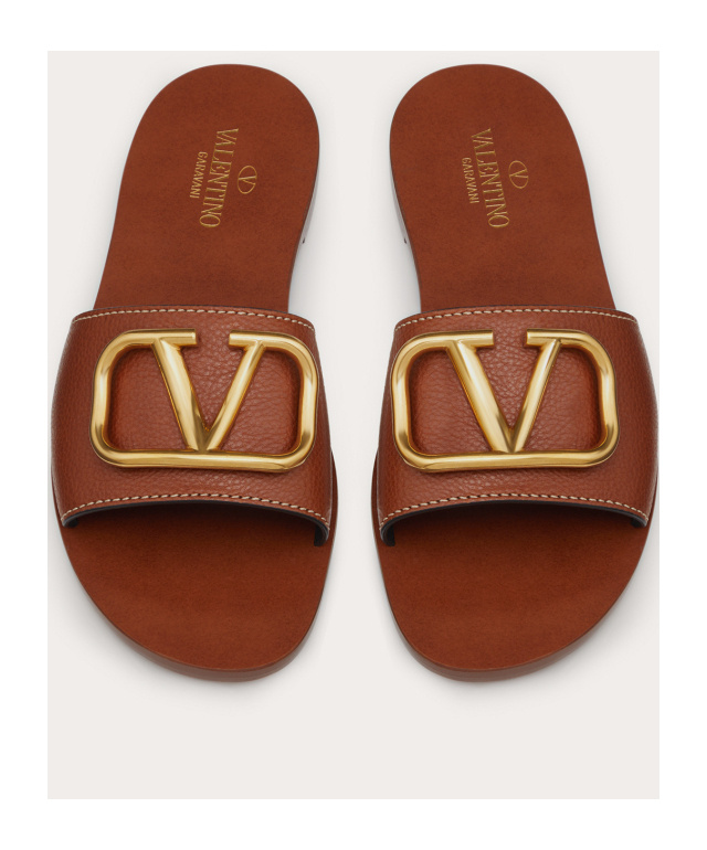 Shop Valentino Vlogo Signature Slide Sandal In Grainy Cowhide With Accessory In Brown