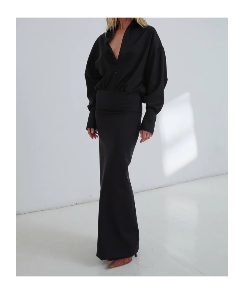 Darkpark Long Dress With Satin And Wool Blend In Black