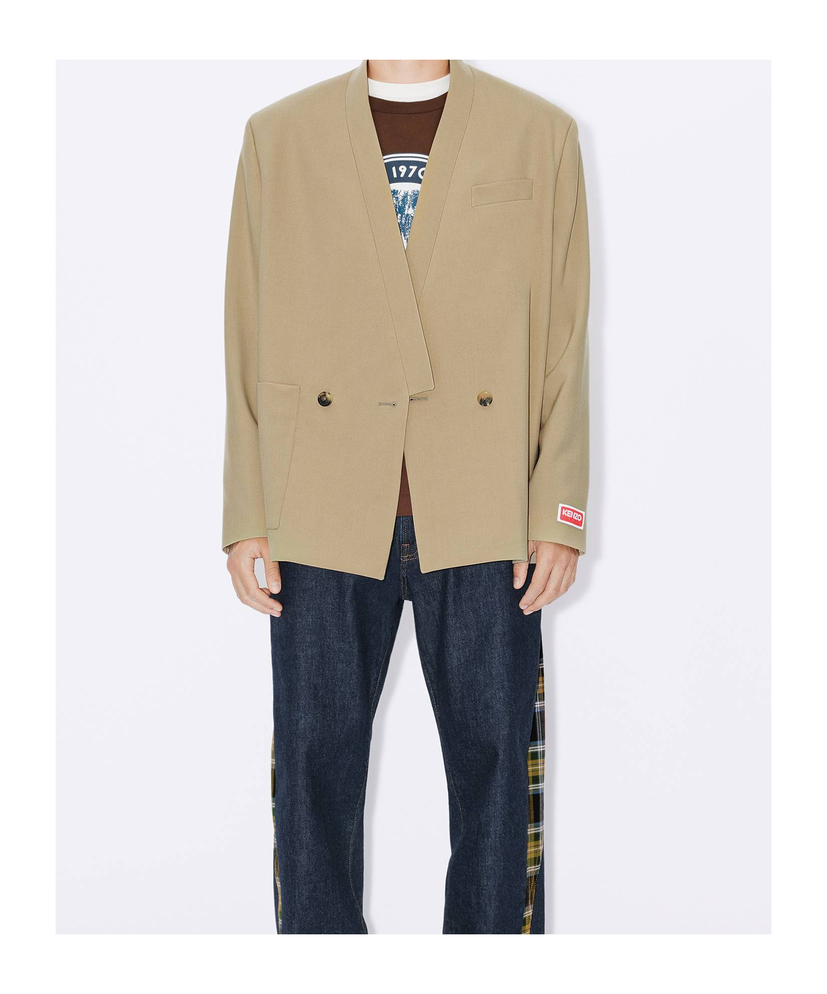 Kenzo Collarless Double-breasted Wool Blazer In Nude