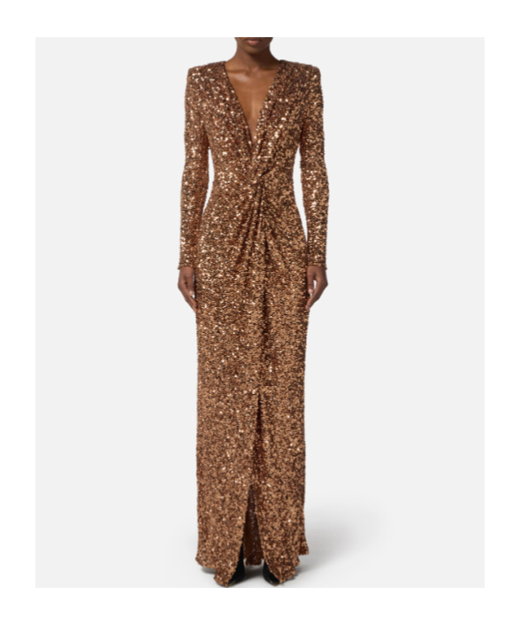 Elisabetta Franchi Sequin Embellished Maxi Dress V-neckline In Brown