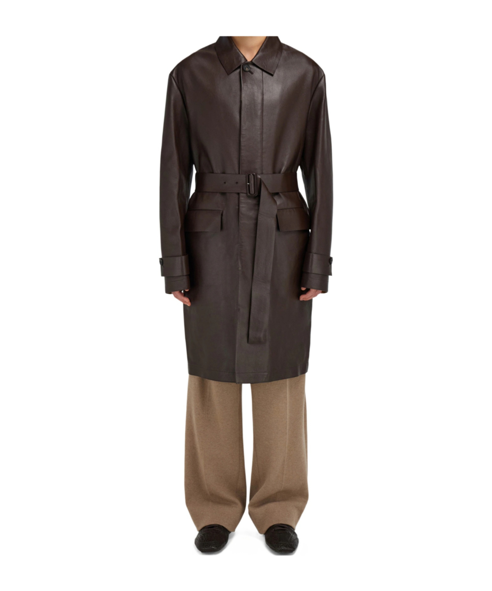Ferragamo Long Leather Trench Coat With Belted Waist In Brown
