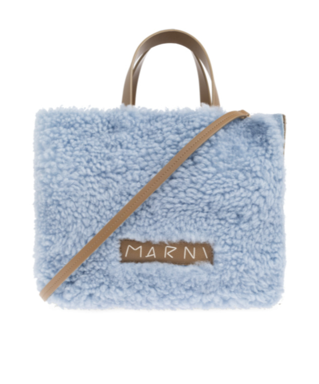 Marni Shearling Leather-trimmed Tote Bag In Blue