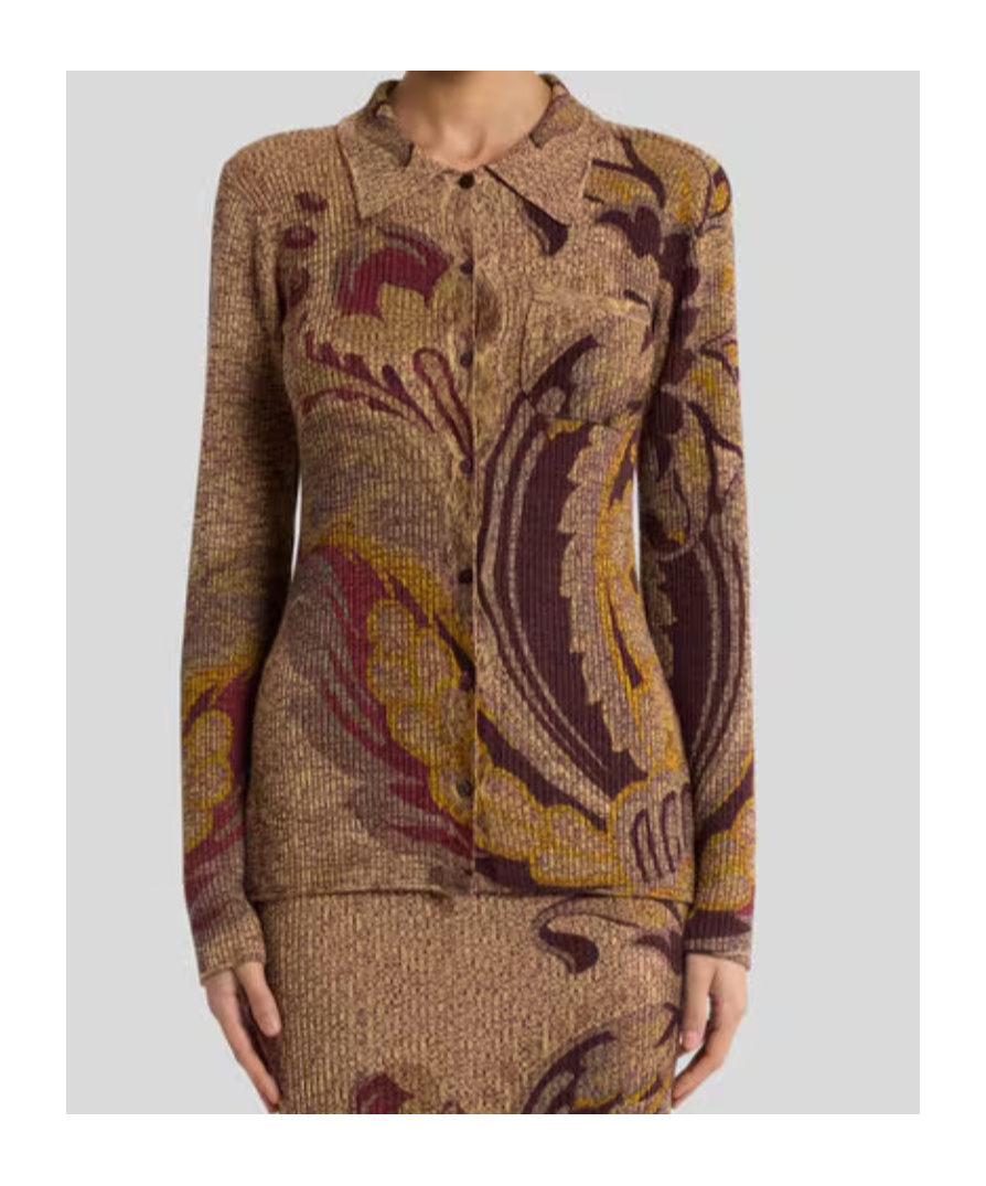 Etro Ribbed Wool Cardigan With Daffodil Motif In Brown
