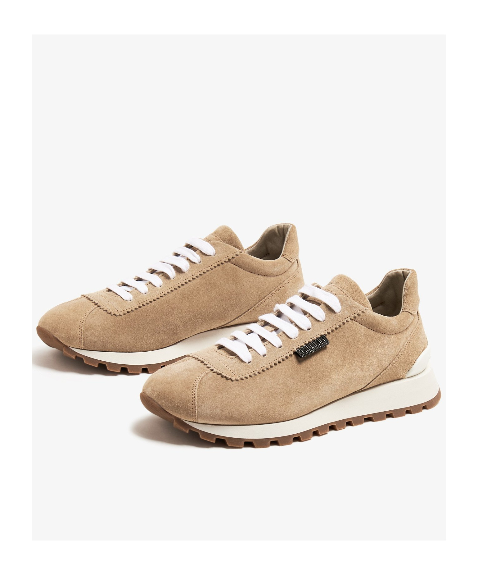 Brunello Cucinelli Beige Low Top Sneakers With Monil Detail On The Side And Embossed Logo Lettering On The Rear In Brown