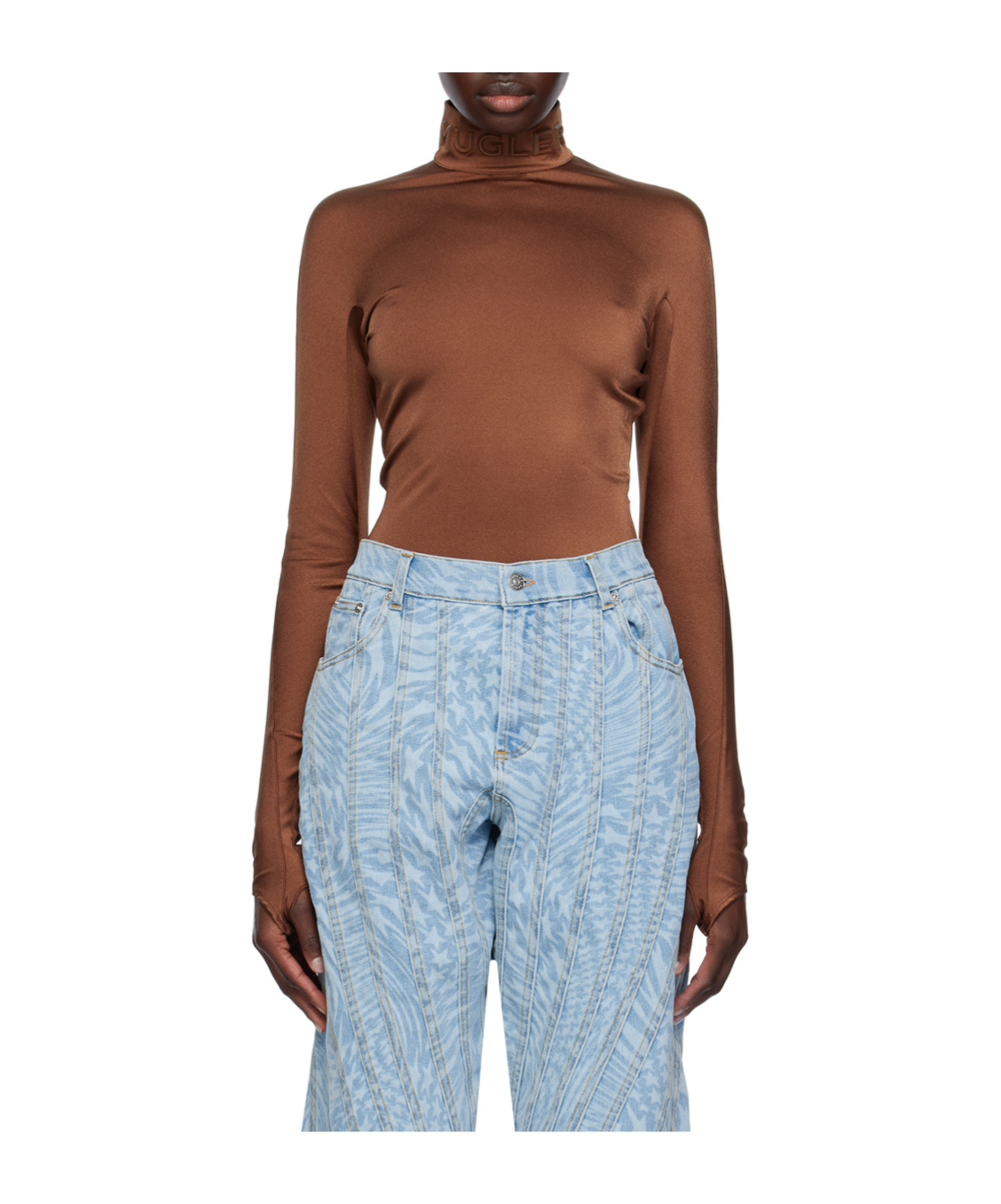 Mugler Brown Mock Neck Bodysuit In Blue