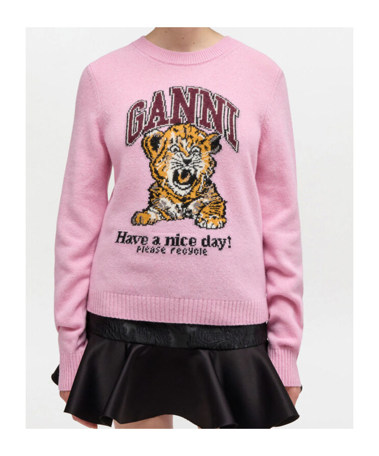 Ganni Graphic Print Long Sleeve Crew Neck Sweater In Pink