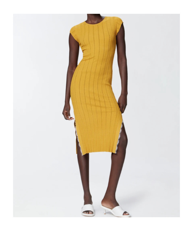 Pinko Knit Midi Dress With Openwork In Yellow