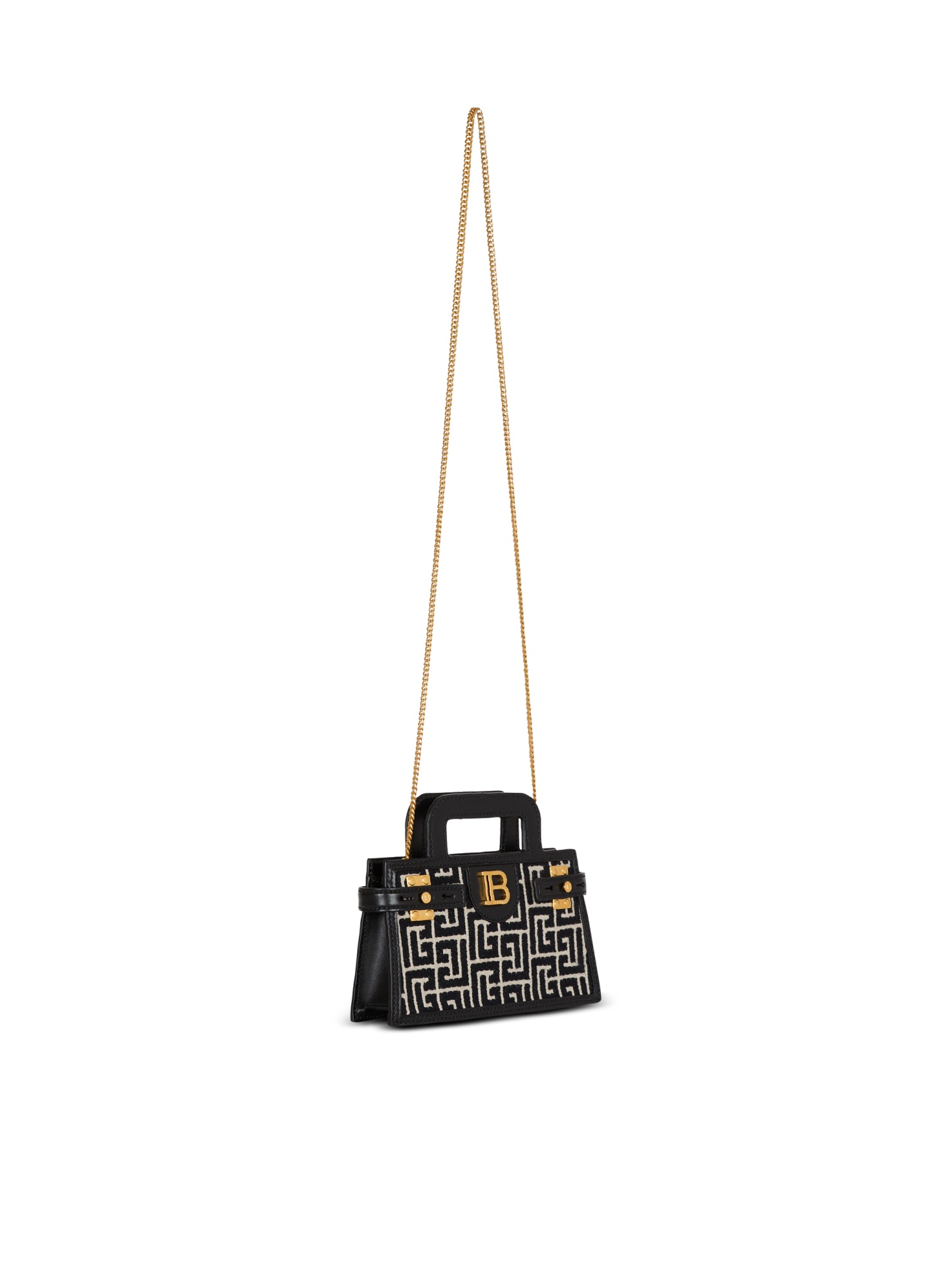 Balmain B-buzz Small Top Handle Monogrammed Canvas And Leather Bag