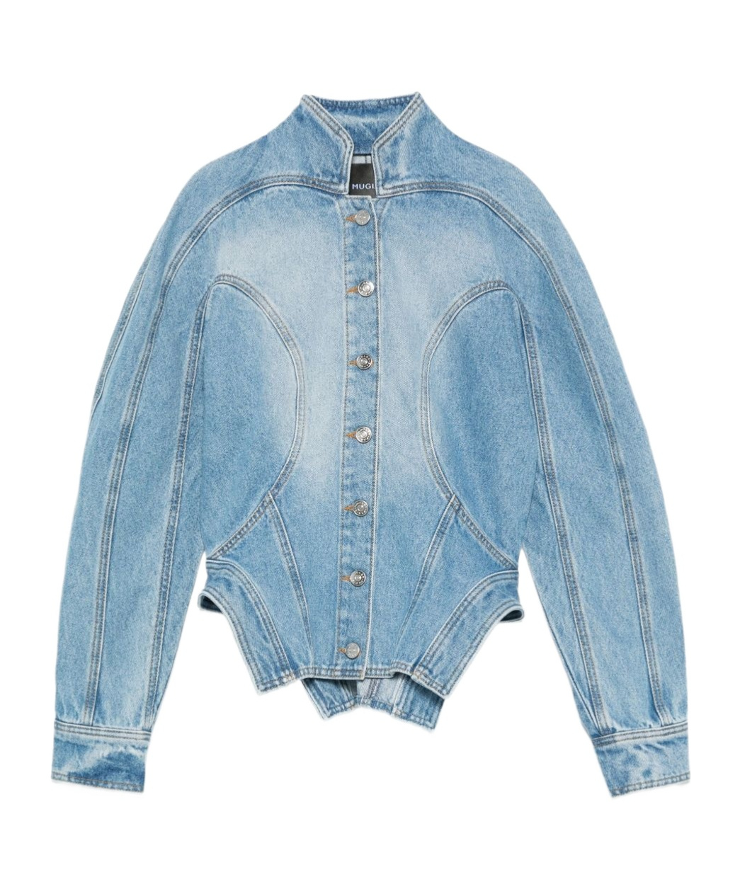 Mugler Tailored Jacket With Cinched Waist And Structured Shoulders In Blue