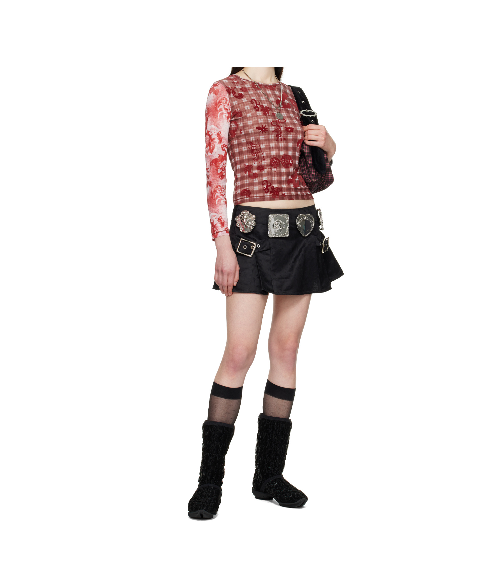 Chopova Lowena Red Trigger Flocked Mesh Long Sleeve In Black
