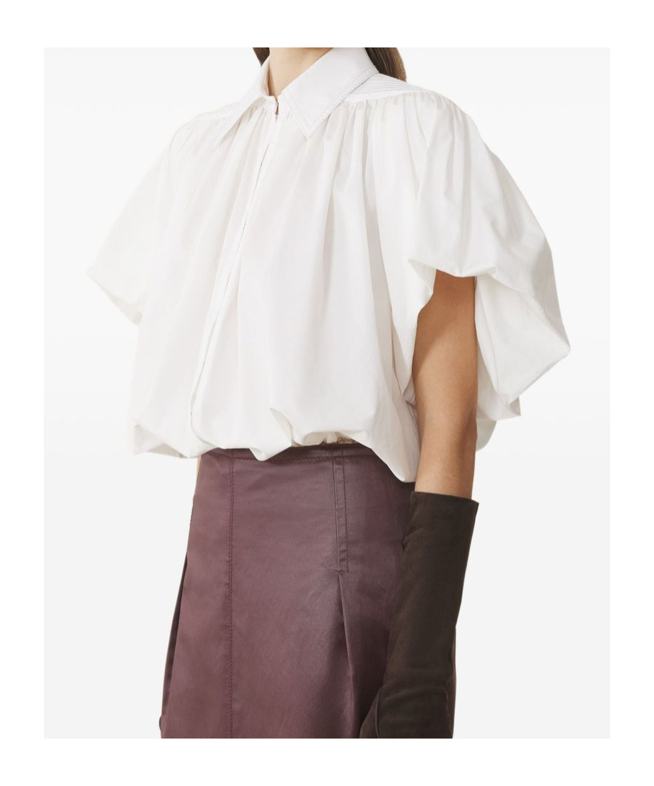Lanvin Puff Sleeve Collared Top With High-low Hem In White