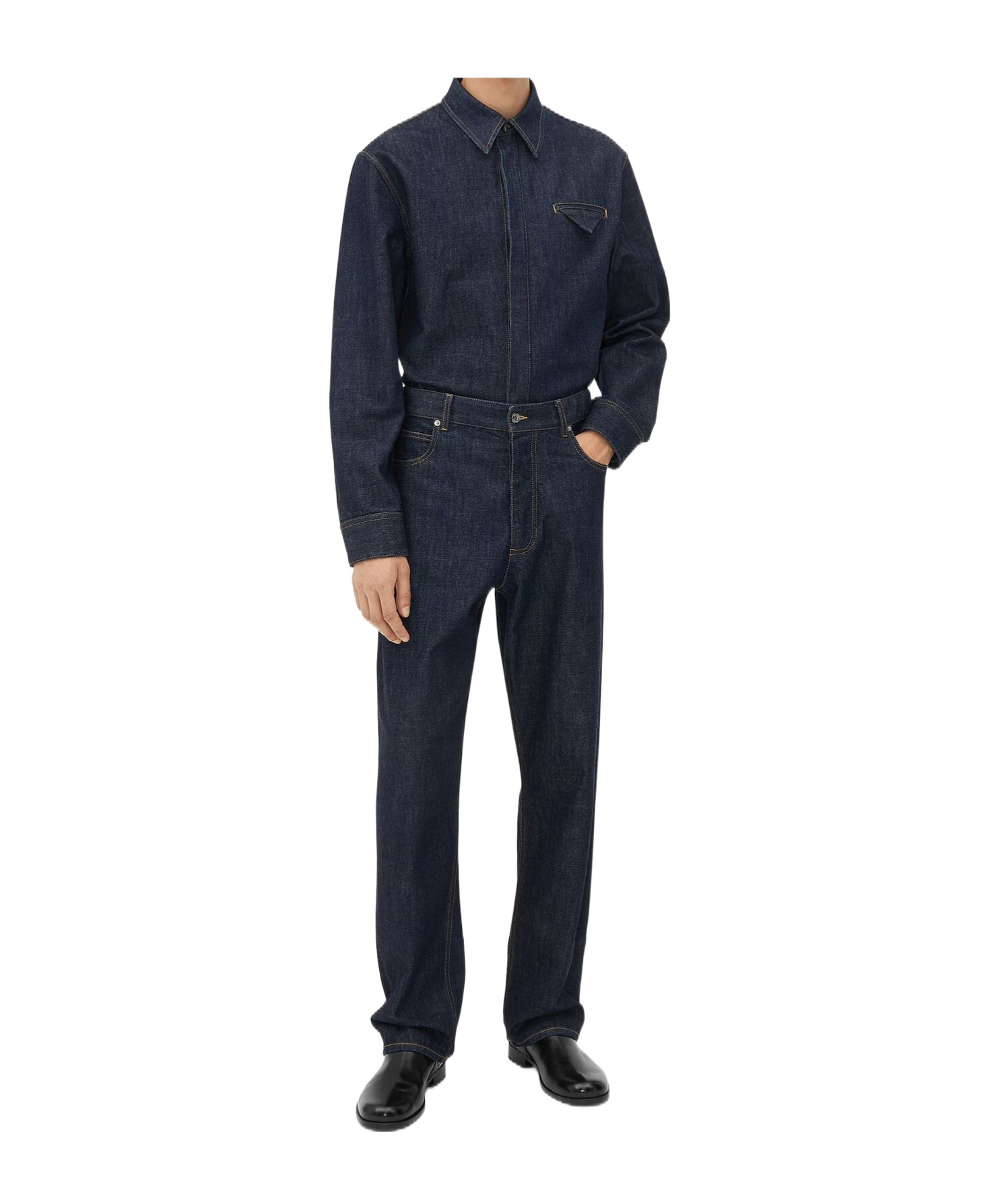 Bottega Veneta Mens Brand-patch Contrast-stitching Wide-leg Regular-fit Wool Trousers Indigo In Black