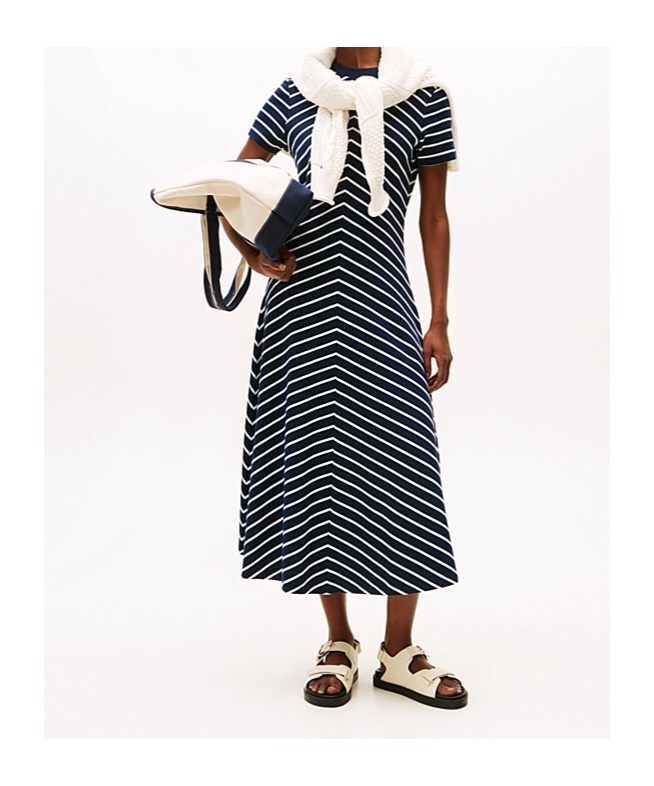 Tommy Hilfiger Striped Flared Midi Dress In Blue
