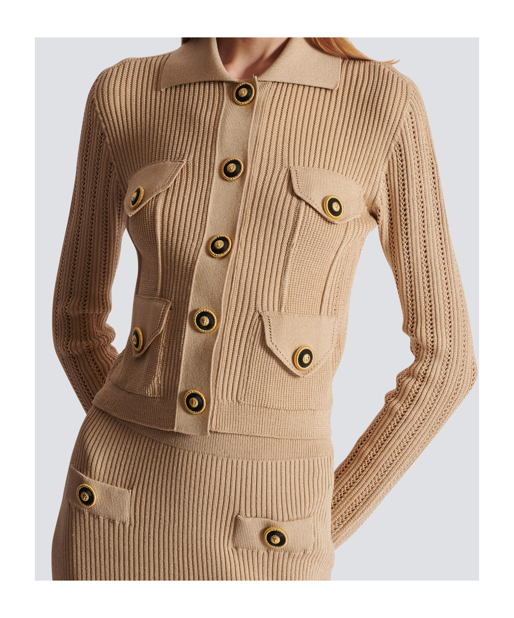 Shop Balmain Cropped Ribbed Knit Cardigan With Openwork Details In Nude