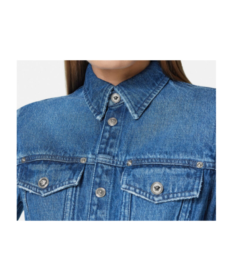 Versace Women Denim Shirt With Frayed Edges In Blue