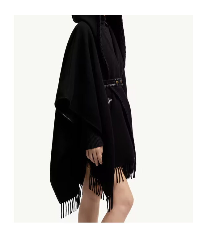 Moncler Hooded Cape With Belted Waist And Fringed Hem In Black