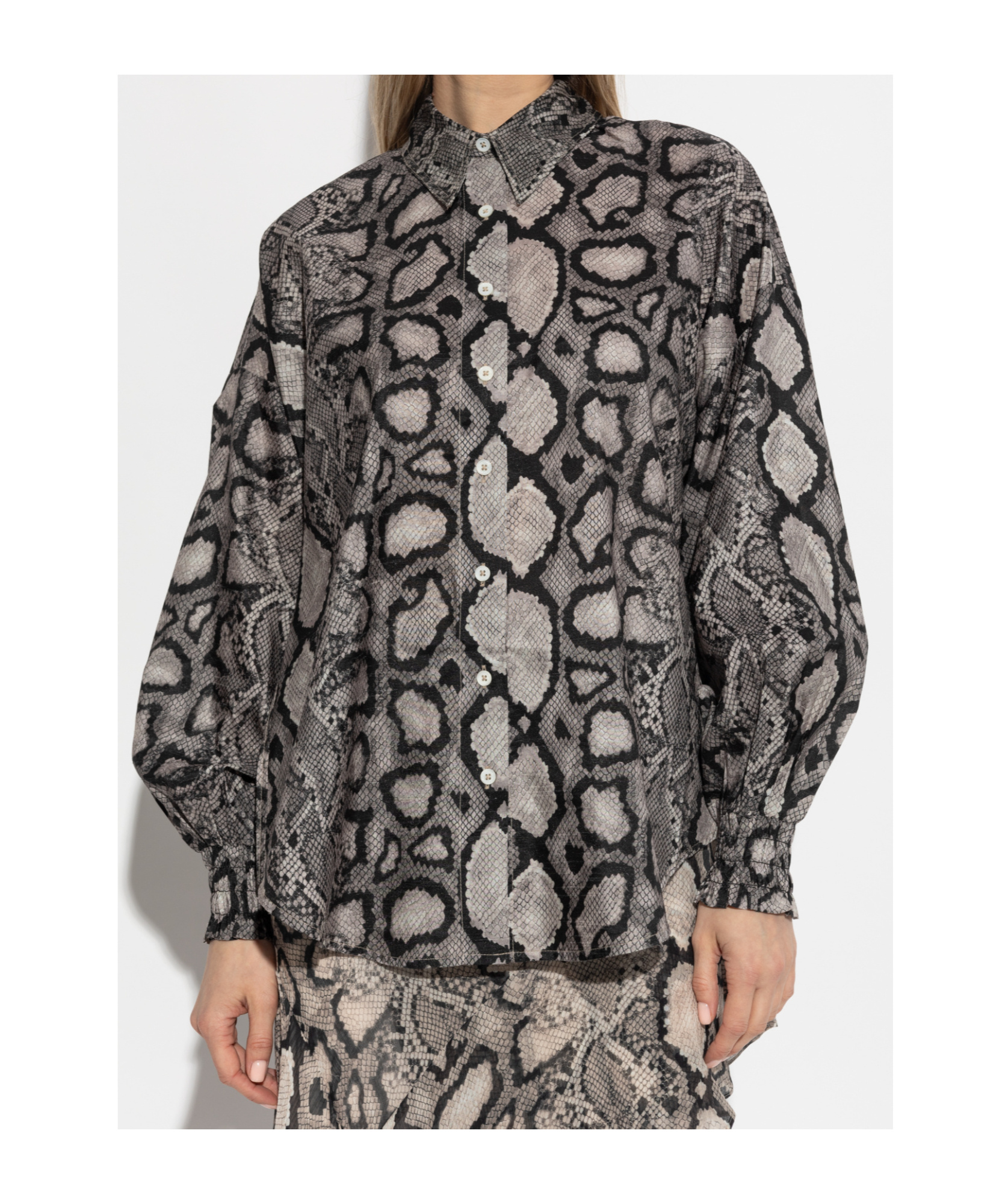 Allsaints Charli Snakeskin Print Button-up Shirt In Gray