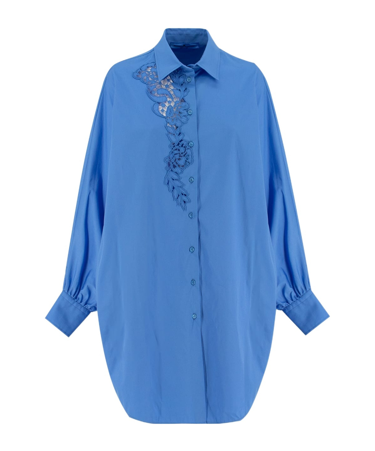 Ermanno Scervino Oversize Poplin Shirt Floral Embroidery In Blue