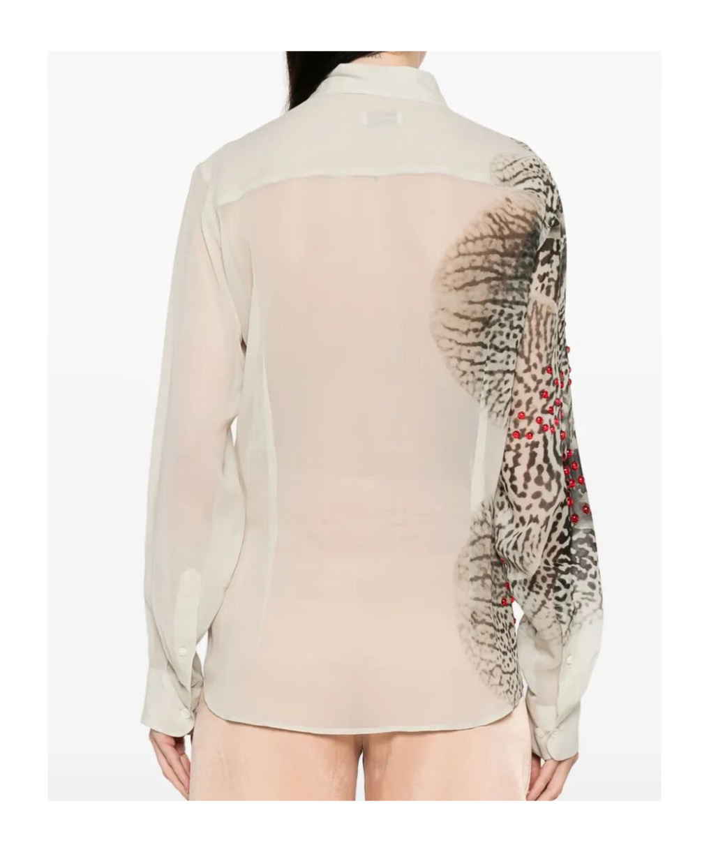Dries Van Noten Abstract Print Beaded Collared Sheer Shirt
