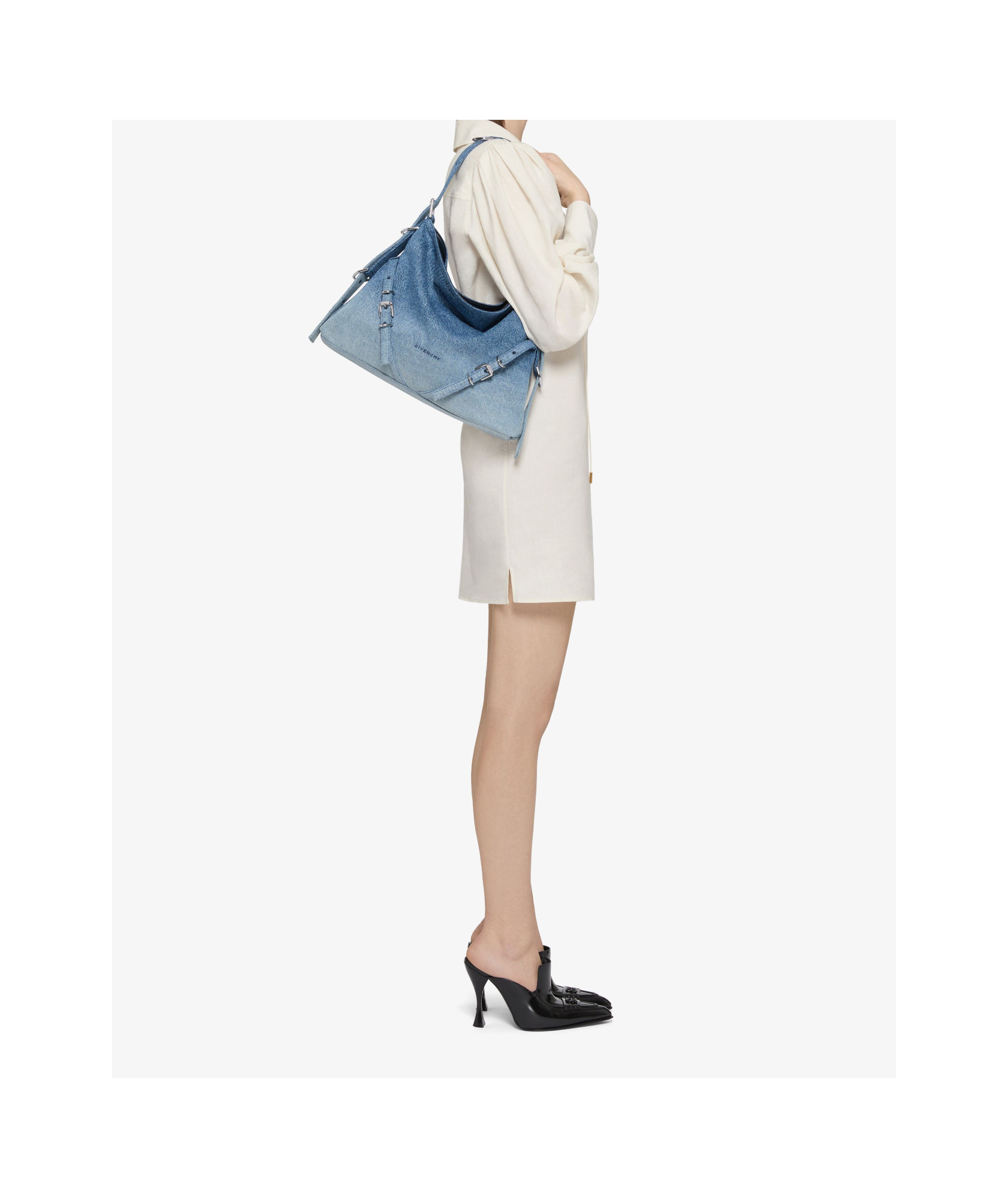 Givenchy Medium Denim Floral-embroidered Voyou Shoulder Bag In Blue