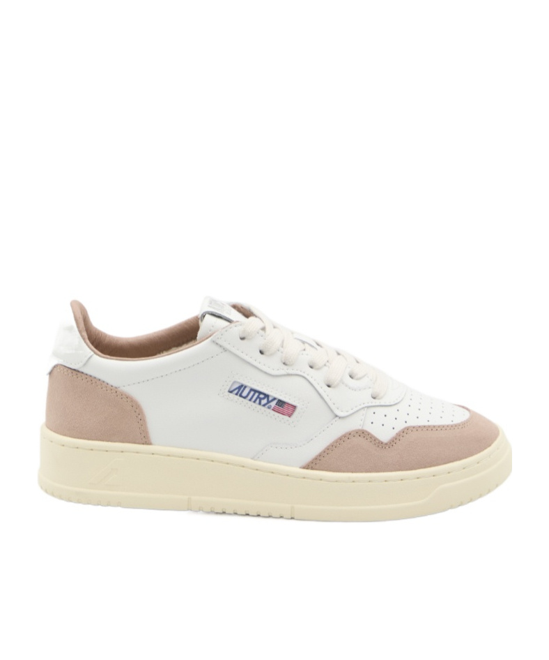 Autry Medalist Low Sneakers In White Leather And Rose Cannel Suede Shoes In Brown