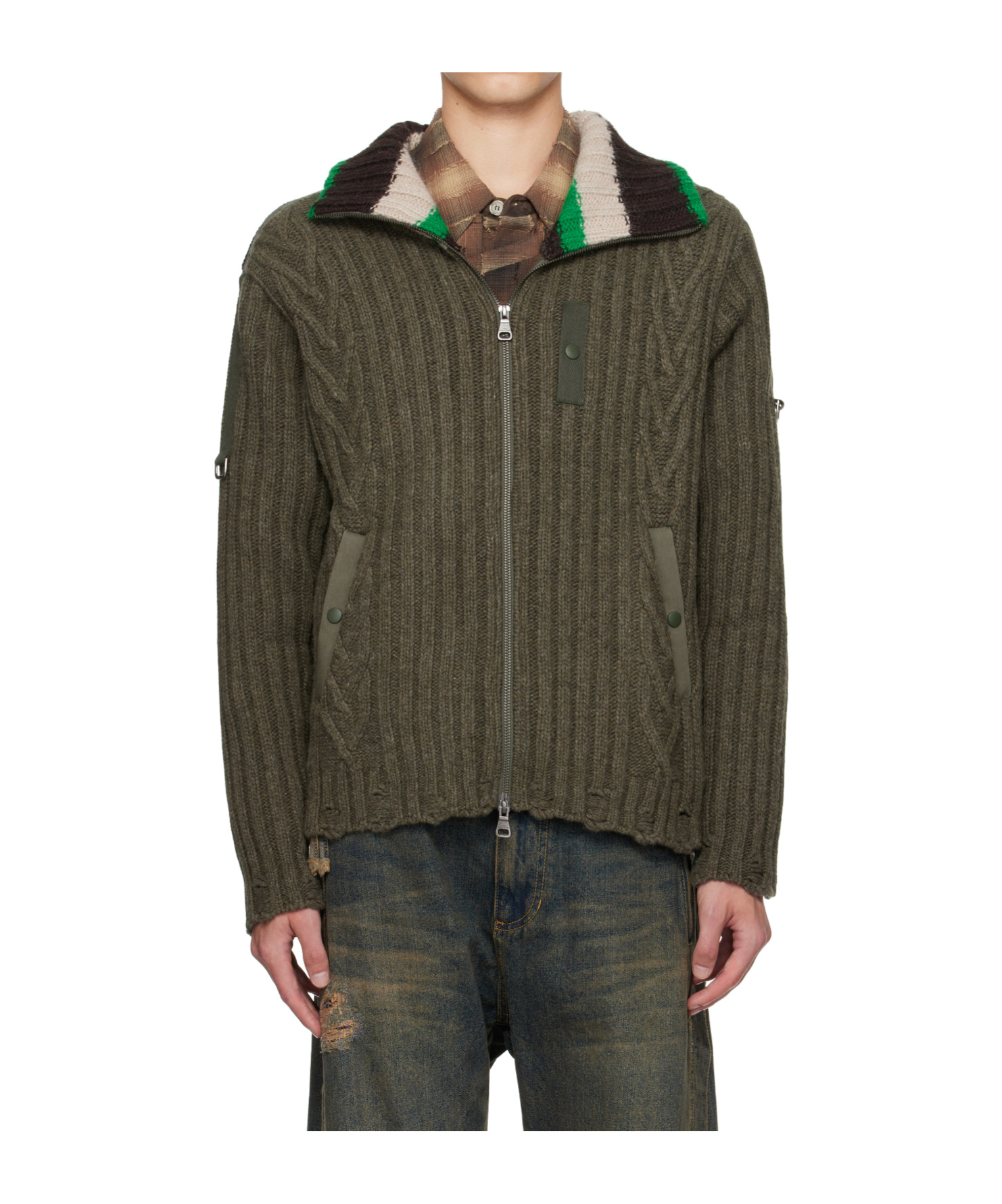 Andersson Bell Khaki Stripe High-neck Zip-up Sweater In Green