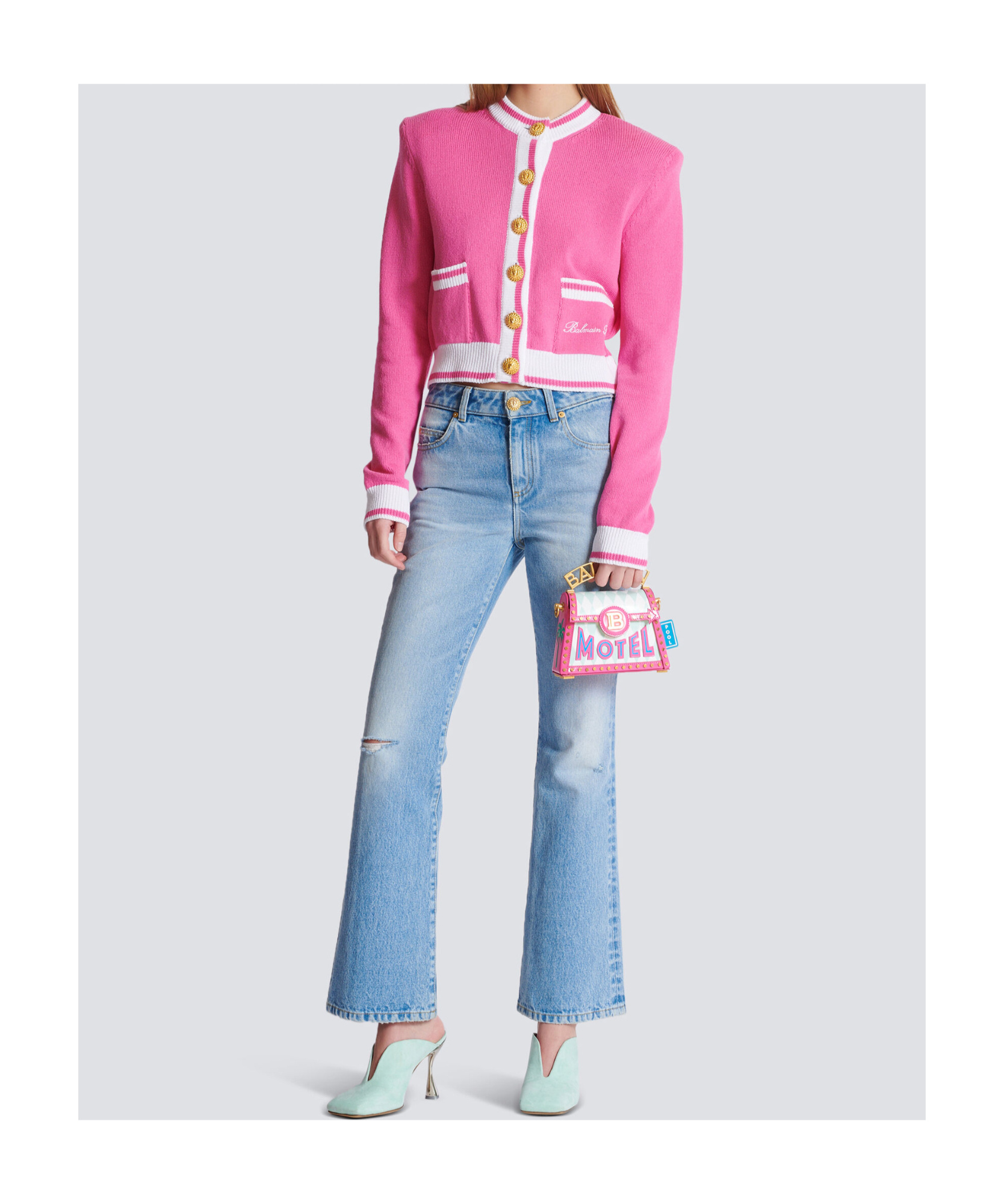 Balmain Strong-shoulder Signature Buttoned Knit Cardigan In Pink