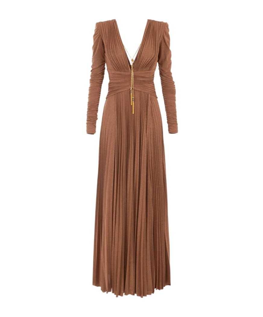 Elisabetta Franchi Red Carpet Dress In Lurex Jersey With Necklace In Animal Print