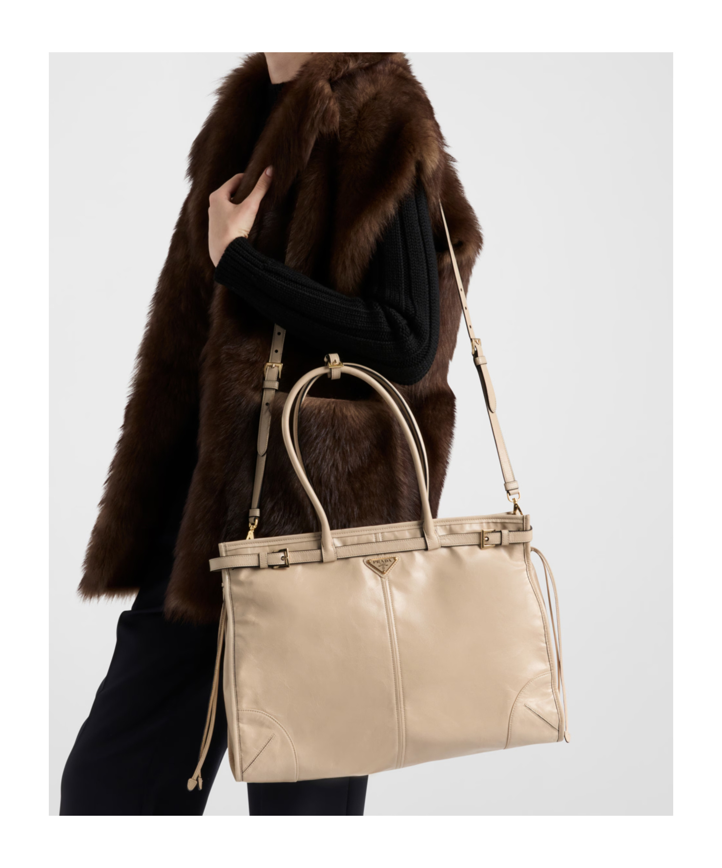 Prada Large Leather Handbag In Travertine