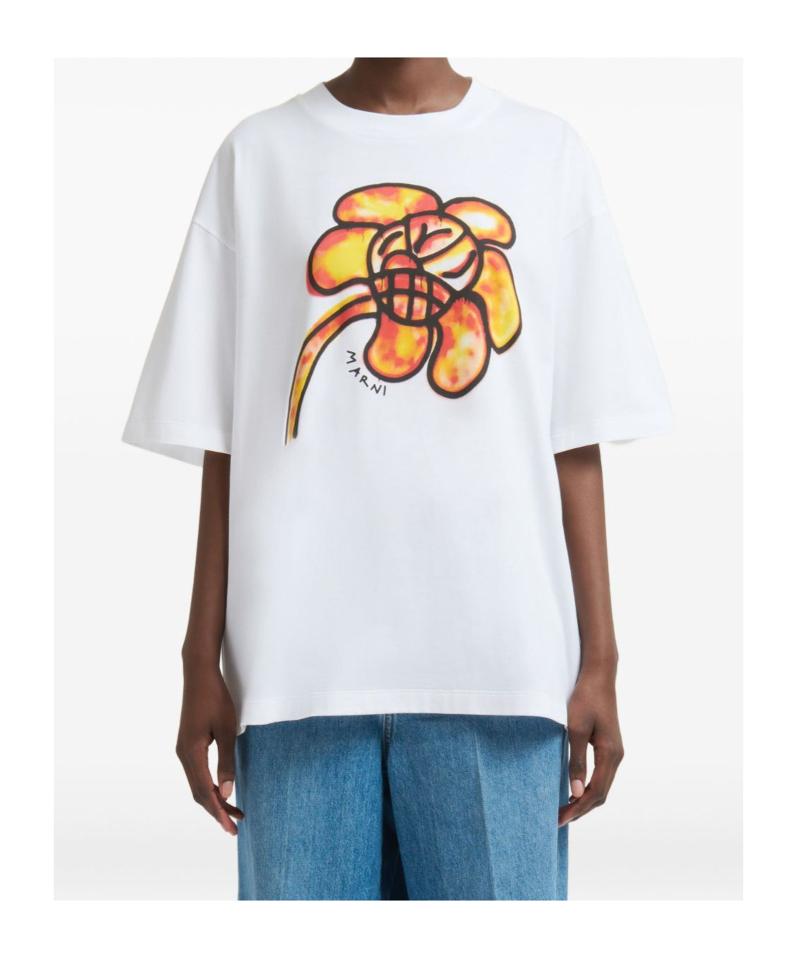 Marni White Cotton T-shirt With Flower Print In Multi