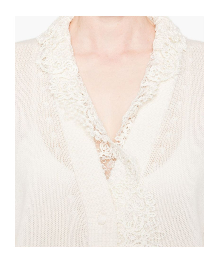 Ermanno Scervino Lace Trim Cashmere Cardigan Featuring Pockets In White