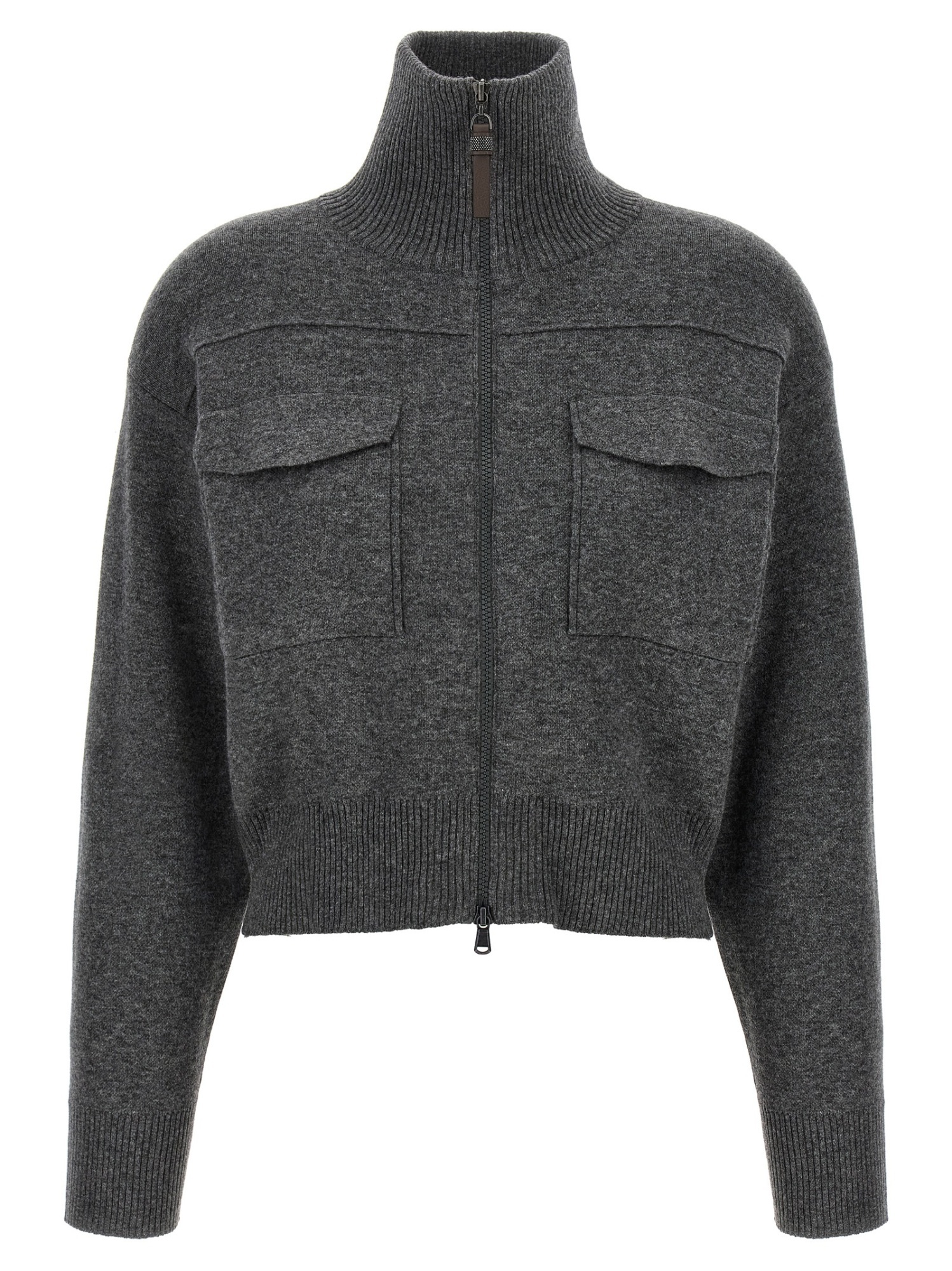 Brunello Cucinelli Shiny Zipper Pull Sweaters And Cardigans Gray