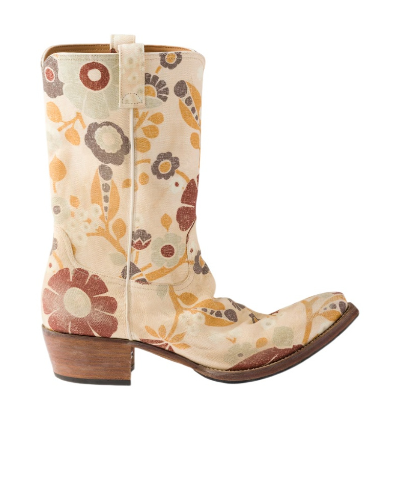 Prada Floral Block Heel Mid-calf Canvas Boots In Multi