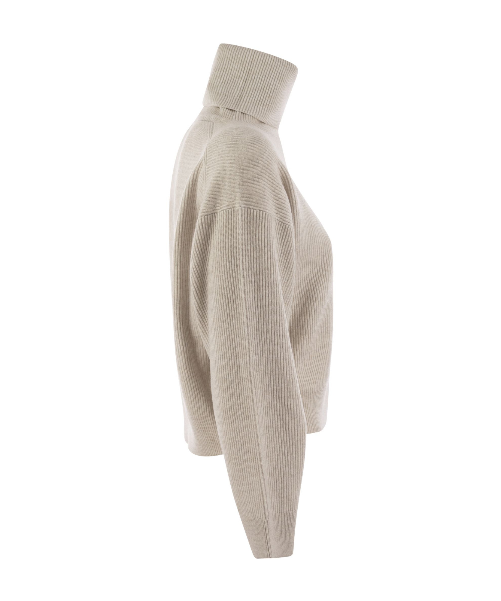 Brunello Cucinelli Turtleneck Sweater In Virgin Wool, Cashmere And Silk Rib In Nude