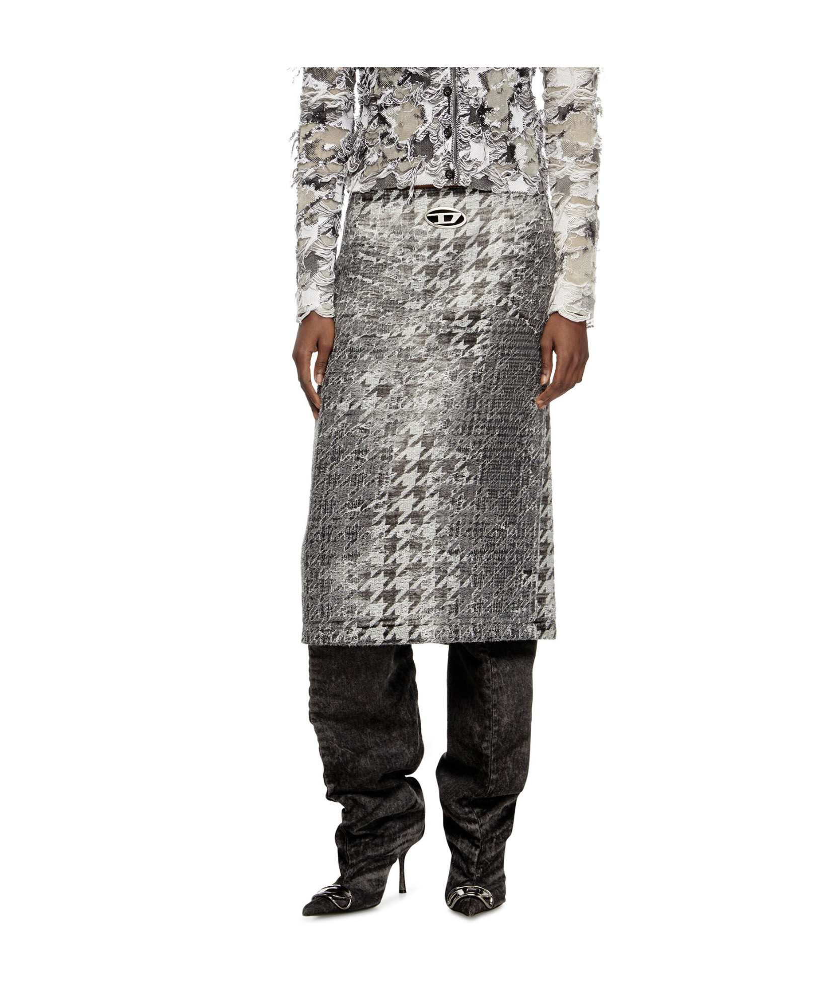 Diesel Midi Skirt In Prince Of Wales Jacquard Denim In Burgundy