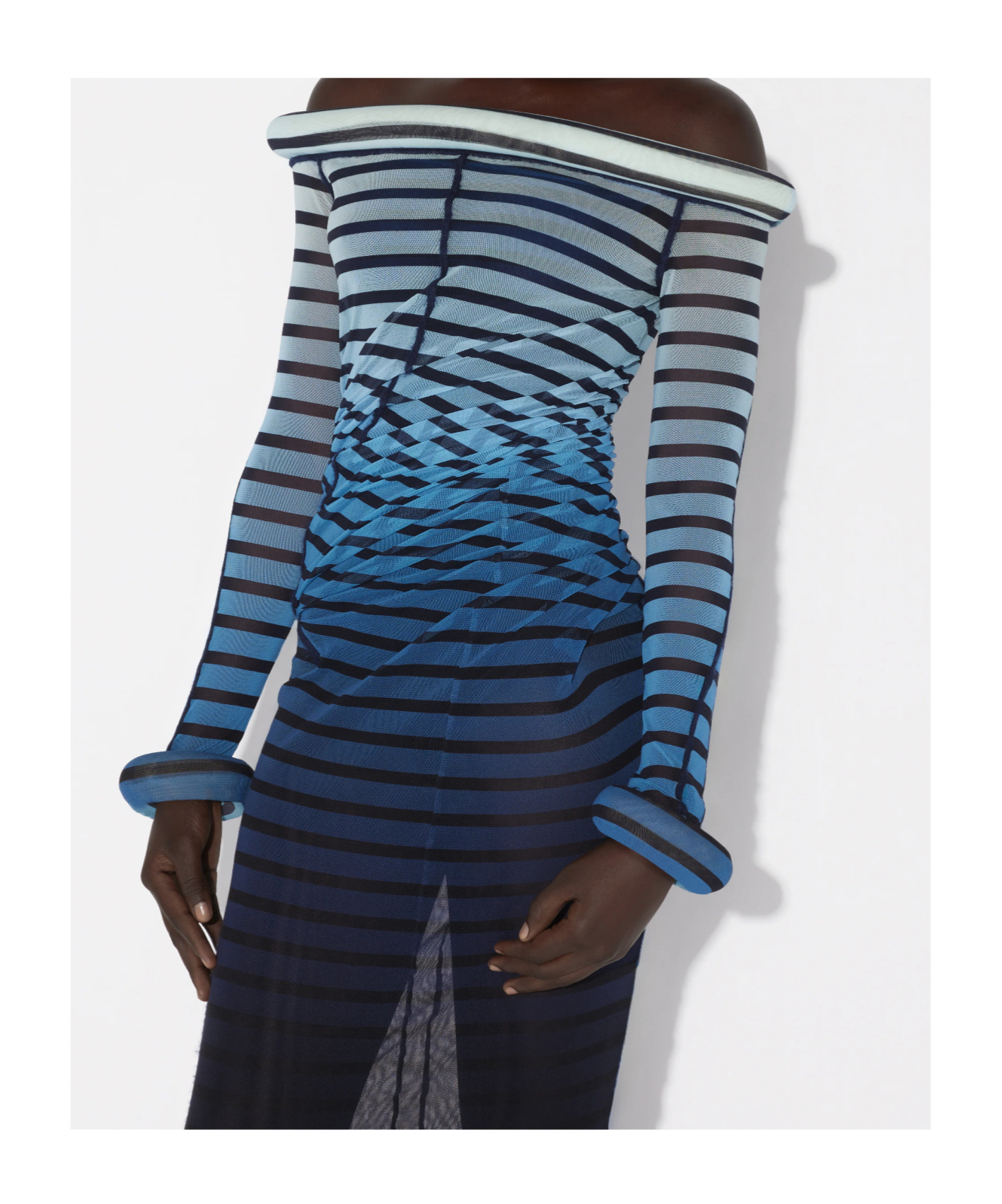 Jean Paul Gaultier Elegant Mesh Boat Neck Long Dress With 3d Collar And Cuff In Blue