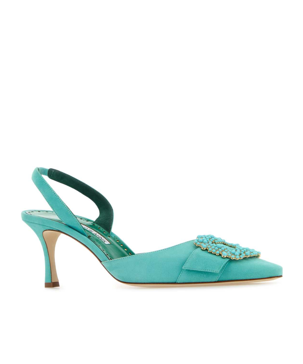 Manolo Blahnik Suede Pumps With Embellished Detail And Kitten Heel In Blue