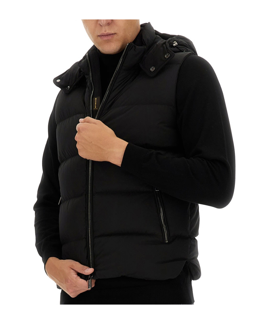 Moorer Hooded Padded Sleeveless Coat Front Pockets In Black