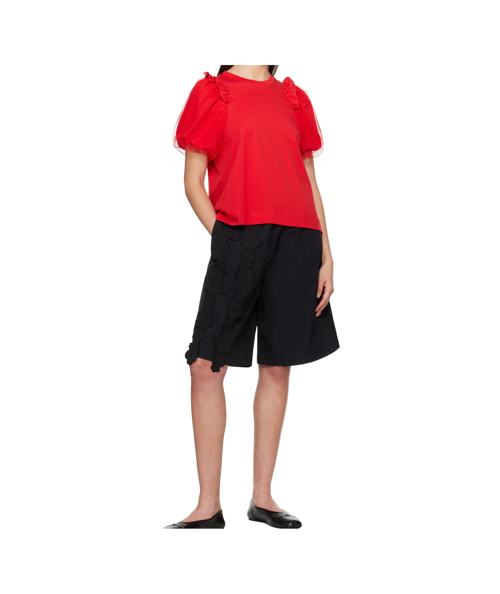 Simone Rocha Red Tulle Overlay Puff Sleeve Frill T-shirt In Red