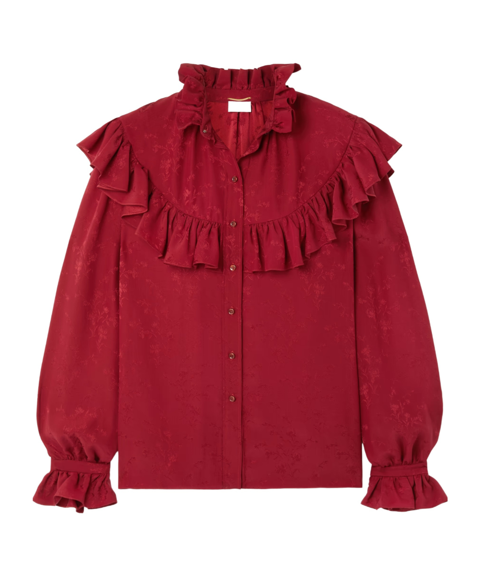 Saint Laurent Ruffled Floral Silk-jacquard Blouse In Red