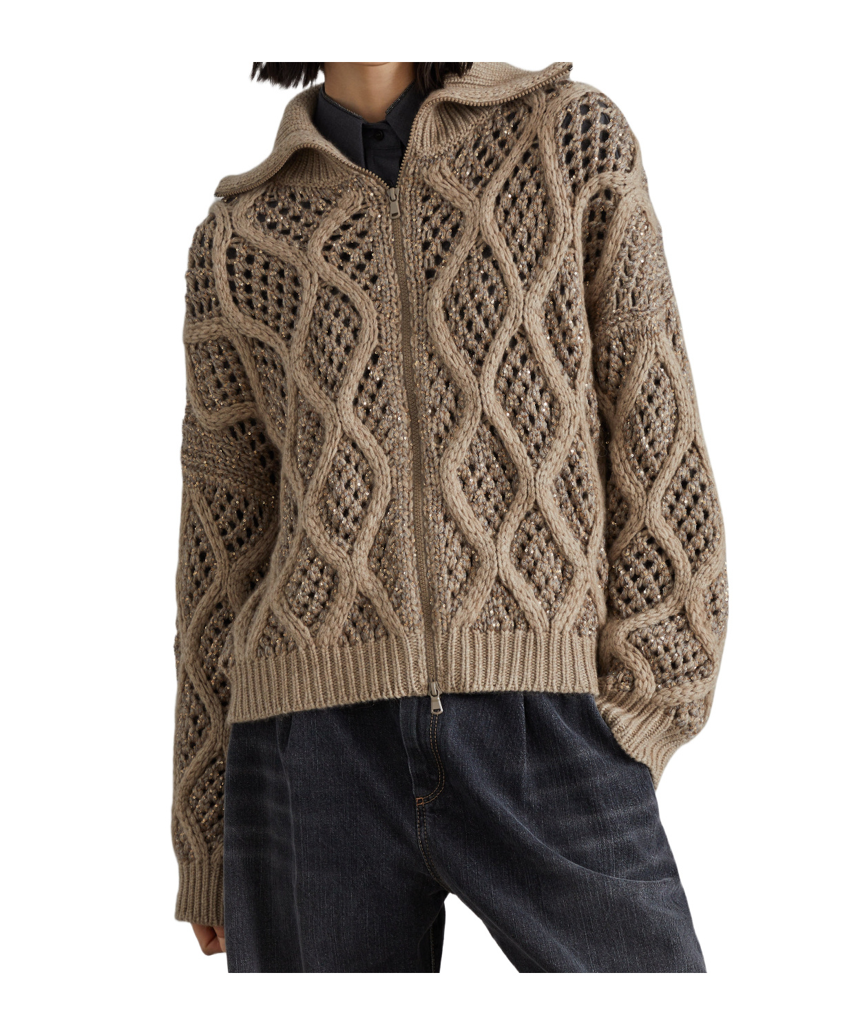 Brunello Cucinelli Zipped Open-knit Cardigan In Nude
