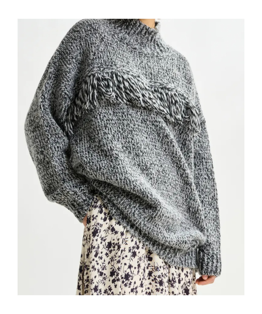 Essentiel Antwerp Grey And Black Wool-blend Sweater With Fringe Details In Gray
