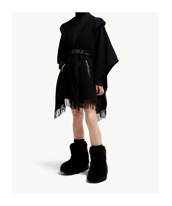 Moncler Hooded Cape With Belted Waist And Fringed Hem In Black