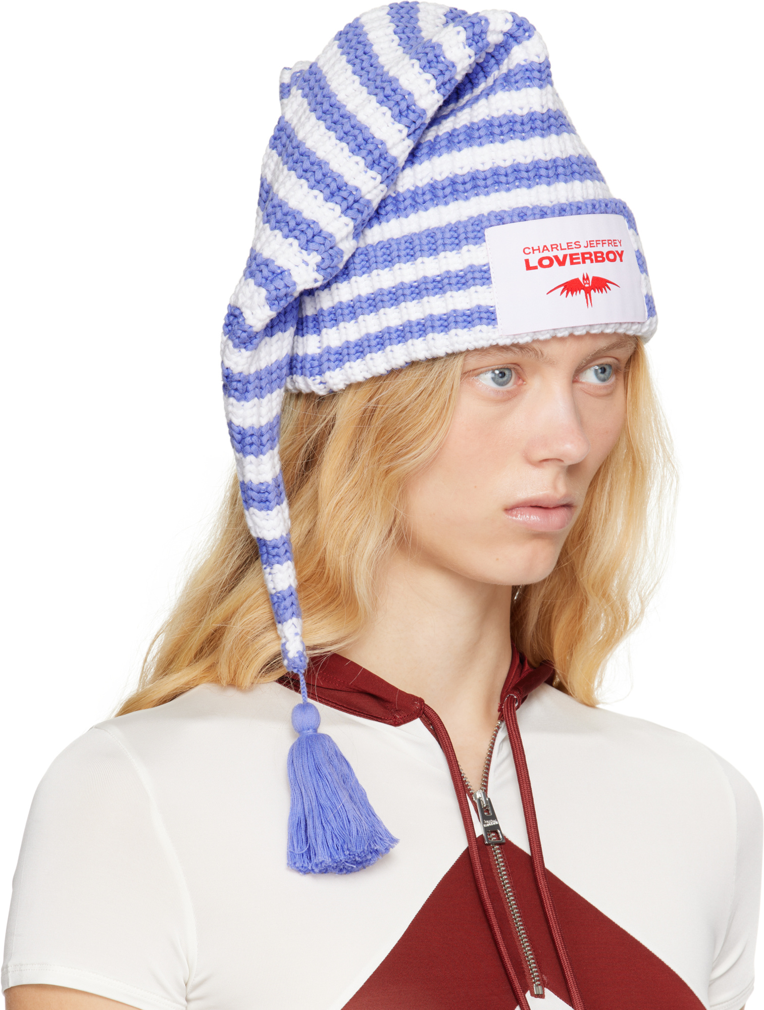 Charles Jeffrrey Loverboy Sloppy Giuseppe Beanie In Blue/white Stripe