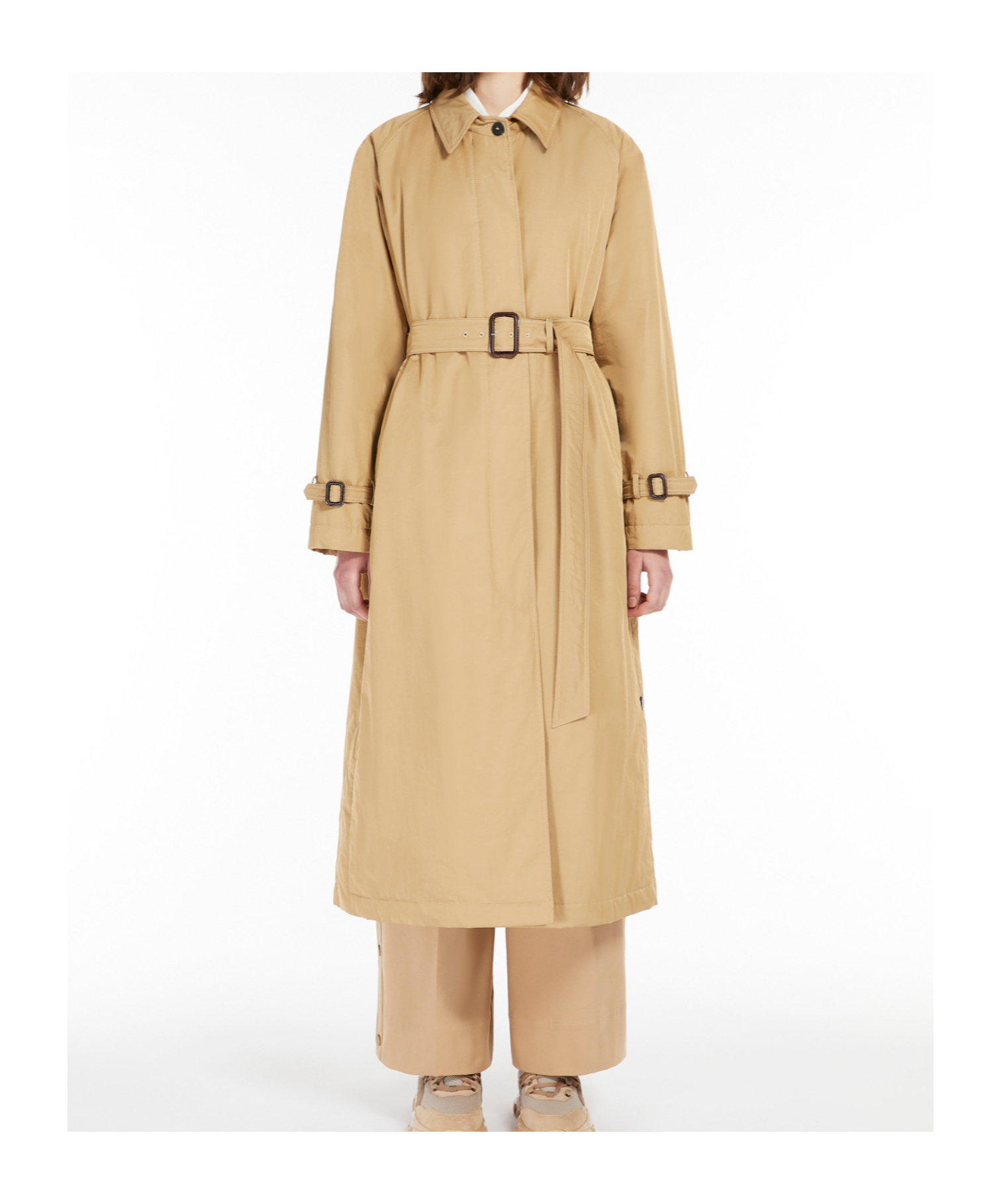Shop Weekend Max Mara Belted Long-sleeved Coat In Nude