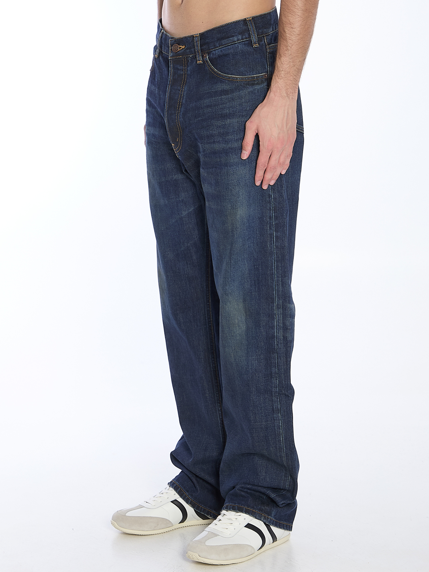 Celine Straight Leg Trousers Contrast Stitching In Blue