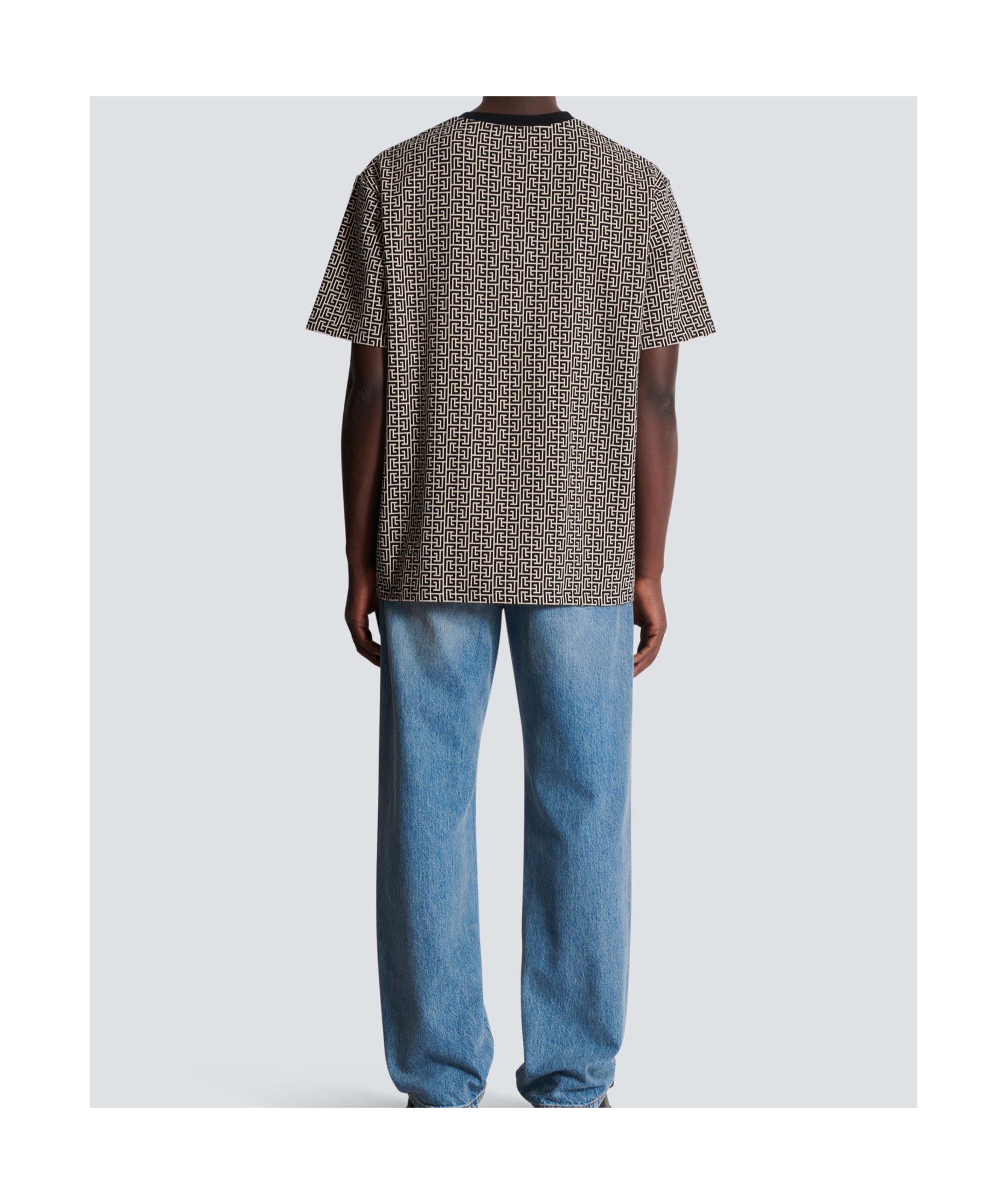 Balmain Grey T-shirt With Logo Applied On The Chest And All-over Labyrinth Motif In Cotton Man In Black