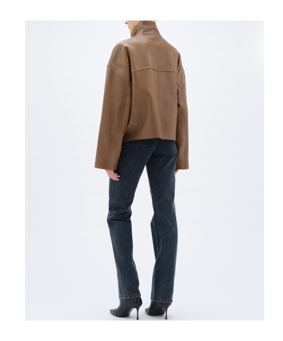Remain Birger Christensen Stand Collar Zipper Leather Jacket In Brown