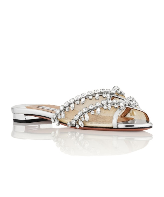 Aquazzura Temptation Crystal-embellished Mesh-trimmed Metallic Leather Slides In White