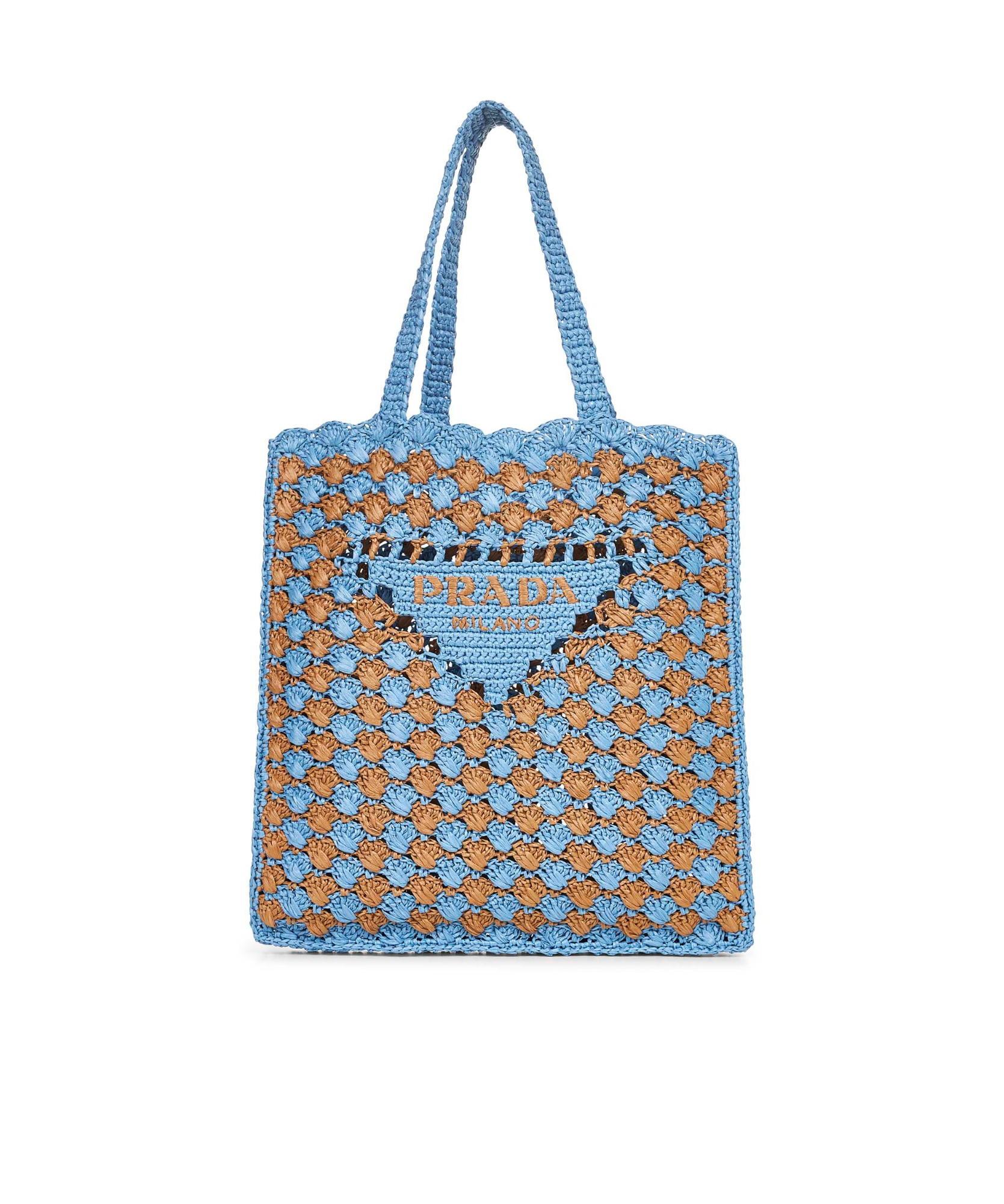 Prada Light Blue And Caramel Crochet Shopping Bag In Blue
